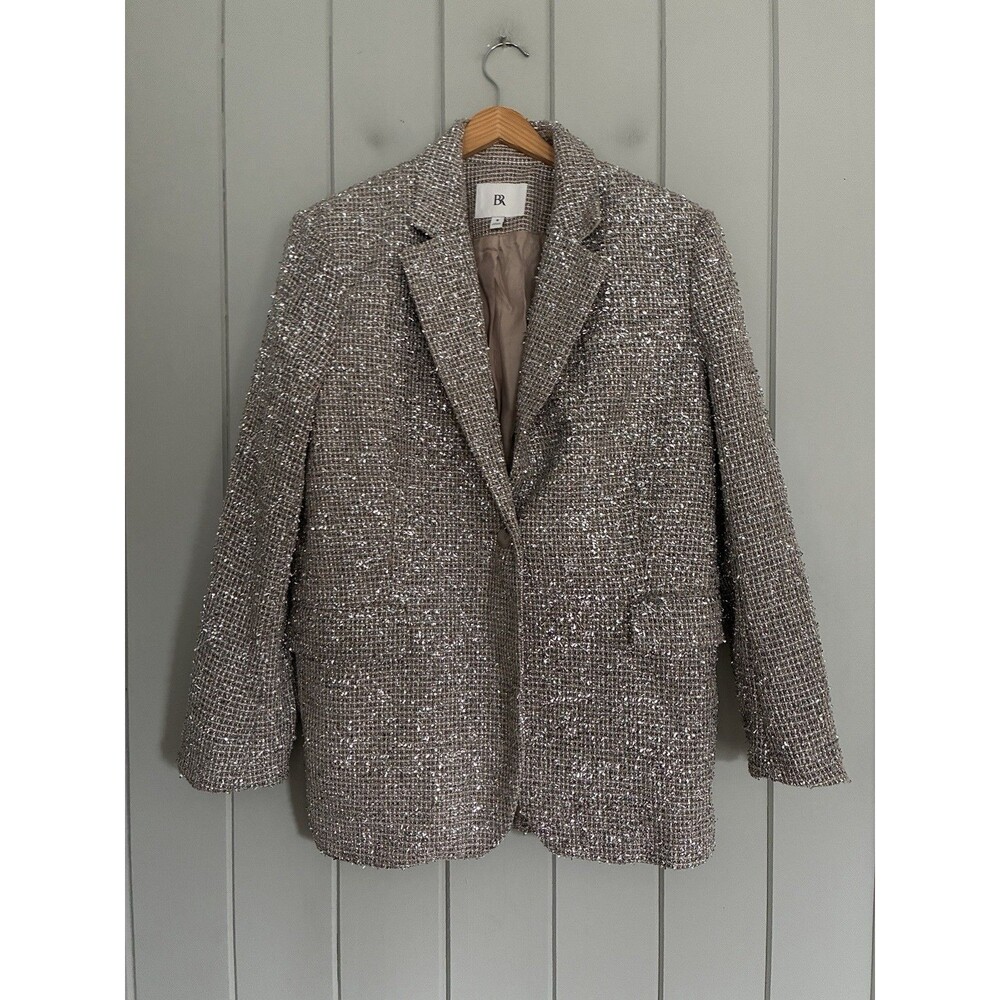 Banana Republic Coleta Tinsel Tweed Blazer 8 Metallic Jacket Silver Career Party